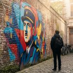 Vibrant street art portrait of General de Gaulle on a weathered brick wall in a warm, sunlit Lille alley, viewed by a person.