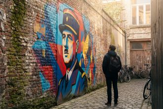 Vibrant street art portrait of General de Gaulle on a weathered brick wall in a warm, sunlit Lille alley, viewed by a person.