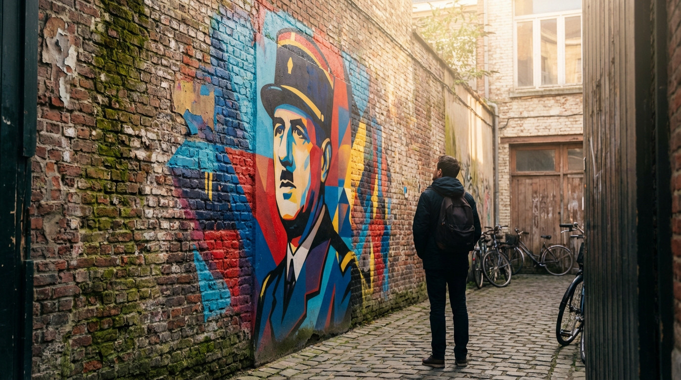 Vibrant street art portrait of General de Gaulle on a weathered brick wall in a warm, sunlit Lille alley, viewed by a person.