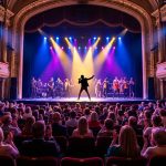A vibrant live performance on a brightly lit stage in a grand theater, with a diverse, engaged audience applauding.