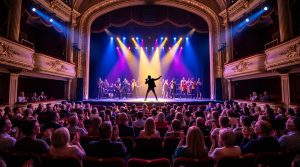 A vibrant live performance on a brightly lit stage in a grand theater, with a diverse, engaged audience applauding.