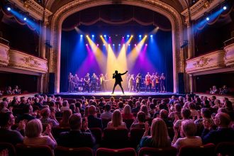 A vibrant live performance on a brightly lit stage in a grand theater, with a diverse, engaged audience applauding.