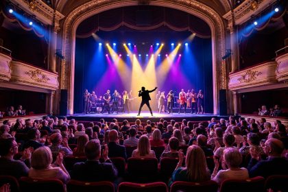 A vibrant live performance on a brightly lit stage in a grand theater, with a diverse, engaged audience applauding.