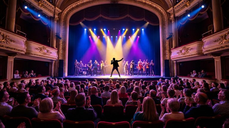 A vibrant live performance on a brightly lit stage in a grand theater, with a diverse, engaged audience applauding.