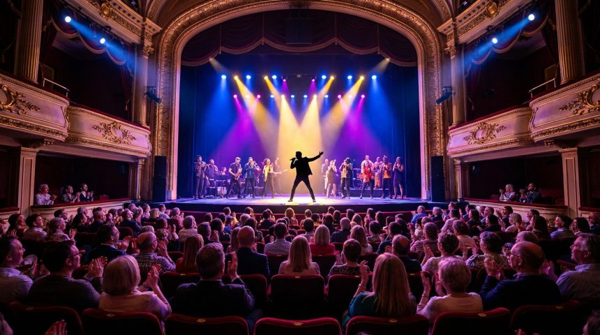 A vibrant live performance on a brightly lit stage in a grand theater, with a diverse, engaged audience applauding.
