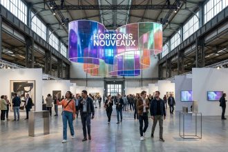 Bustling art fair in an industrial hall. A large, iridescent 'Horizons Nouveaux' installation hangs above diverse visitors viewing modern art.