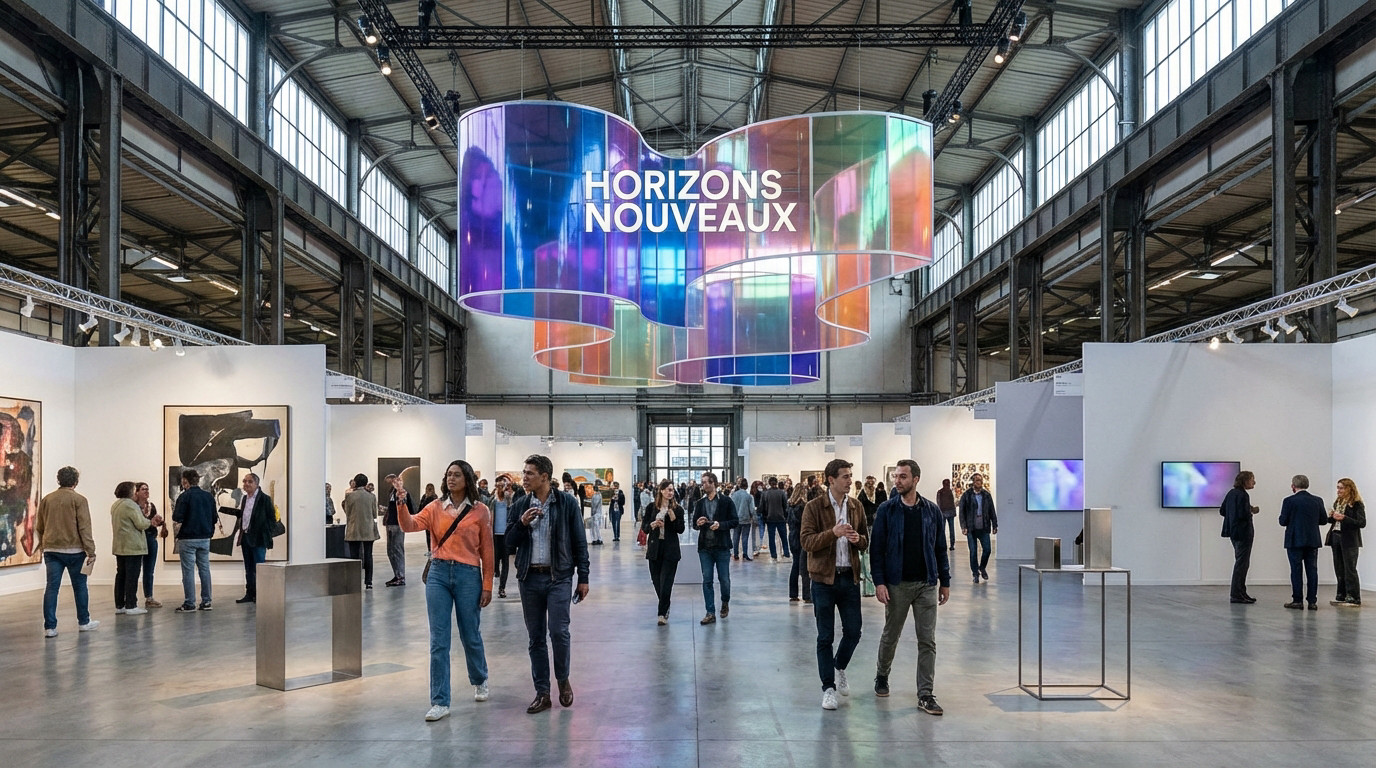 Bustling art fair in an industrial hall. A large, iridescent 'Horizons Nouveaux' installation hangs above diverse visitors viewing modern art.