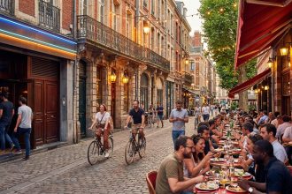 A vibrant European street at dusk with people dining on a restaurant terrace, cyclists, and a bar with neon lights. Warm, inviting atmosphere.