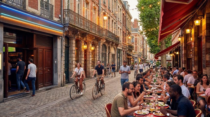 A vibrant European street at dusk with people dining on a restaurant terrace, cyclists, and a bar with neon lights. Warm, inviting atmosphere.
