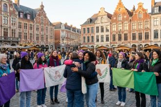Groupe de femmes diverses souriantes, tenant des drapeaux violets, verts et blancs avec un symbole de mains serrées, dans une place de ville animée.