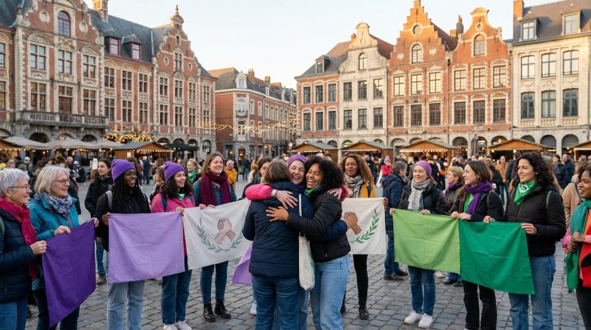 Groupe de femmes diverses souriantes, tenant des drapeaux violets, verts et blancs avec un symbole de mains serrées, dans une place de ville animée.