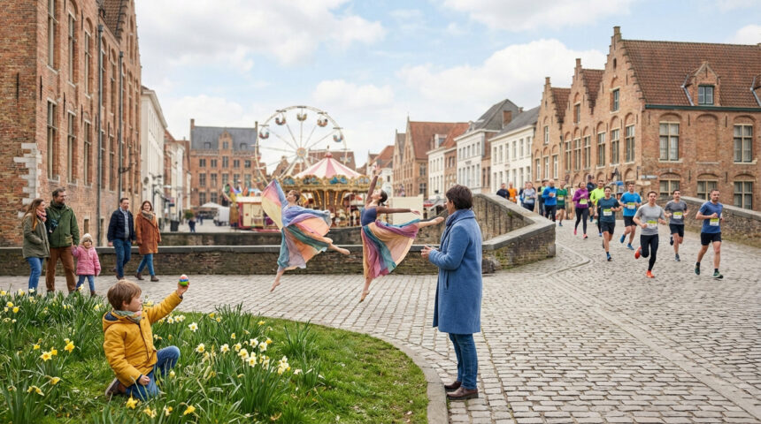 Scène de rue animée d'une ville européenne au printemps : ballerines, coureurs, enfant et grande roue, sous un ciel nuageux.