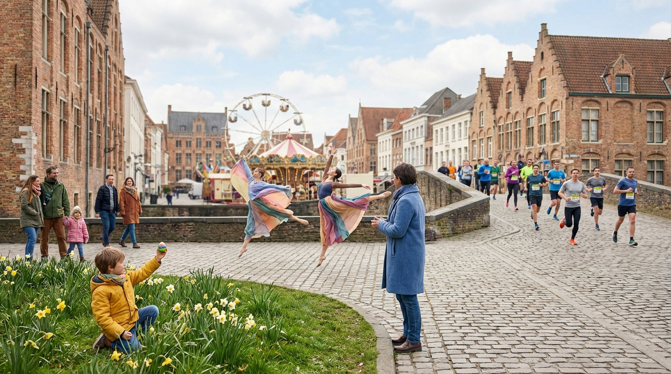 Scène de rue animée d'une ville européenne au printemps : ballerines, coureurs, enfant et grande roue, sous un ciel nuageux.