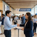 Poignée de main entre une recruteuse et un candidat lors d'un job dating AFPI, sous des bannières "Career Connect".