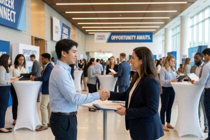 Poignée de main entre une recruteuse et un candidat lors d'un job dating AFPI, sous des bannières "Career Connect".
