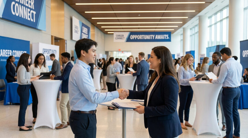 Poignée de main entre une recruteuse et un candidat lors d'un job dating AFPI, sous des bannières "Career Connect".