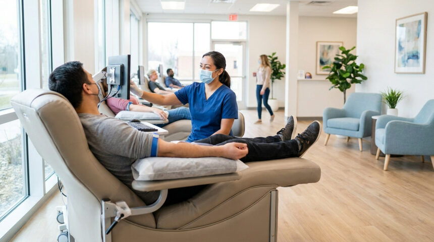 Un homme donne son sang dans un centre moderne et lumineux. Une infirmière masquée l'assiste près de l'écran. D'autres donneurs en arrière-plan.