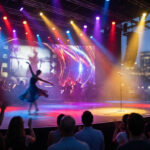 Spectacle nocturne en plein air: danseuse en robe bleue, orchestre, écran LED abstrait, lumières colorées, public applaudi.