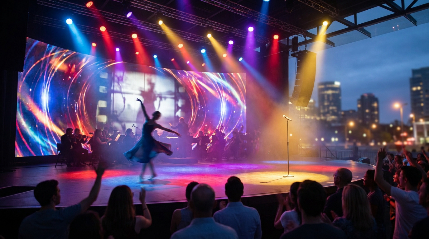 Spectacle nocturne en plein air: danseuse en robe bleue, orchestre, écran LED abstrait, lumières colorées, public applaudi.