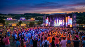 Vue panoramique du festival En Nord Beat au coucher du soleil, avec une foule dansant devant une grande scène illuminée.