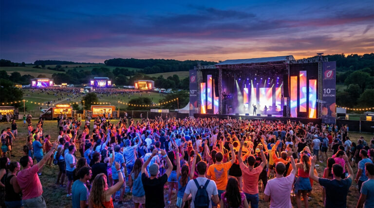 Vue panoramique du festival En Nord Beat au coucher du soleil, avec une foule dansant devant une grande scène illuminée.