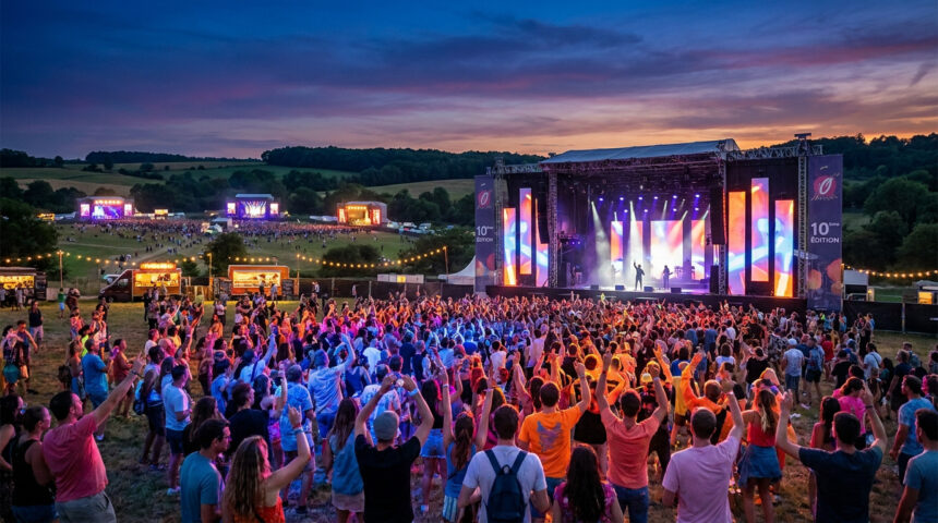 Vue panoramique du festival En Nord Beat au coucher du soleil, avec une foule dansant devant une grande scène illuminée.