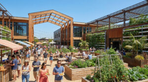 Halle gourmande en bois avec des jardins verticaux et des gens dégustant des plats en extérieur sous un ciel bleu.