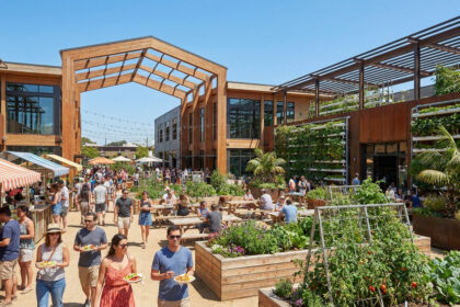 Halle gourmande en bois avec des jardins verticaux et des gens dégustant des plats en extérieur sous un ciel bleu.