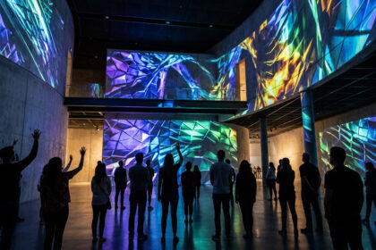 Groupe de personnes observant une projection de video mapping abstraite et colorée sur les murs d'un espace artistique.