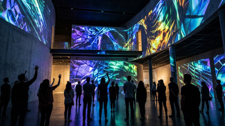 Groupe de personnes observant une projection de video mapping abstraite et colorée sur les murs d'un espace artistique.