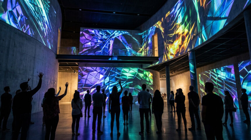 Groupe de personnes observant une projection de video mapping abstraite et colorée sur les murs d'un espace artistique.