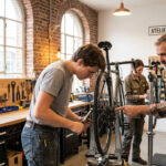 Un mentor montre à un jeune homme comment réparer les vitesses d'un vélo dans un atelier collaboratif à Lille.