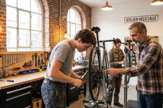 Un mentor montre à un jeune homme comment réparer les vitesses d'un vélo dans un atelier collaboratif à Lille.