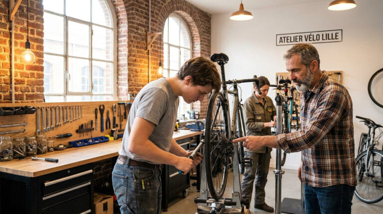 Un mentor montre à un jeune homme comment réparer les vitesses d'un vélo dans un atelier collaboratif à Lille.