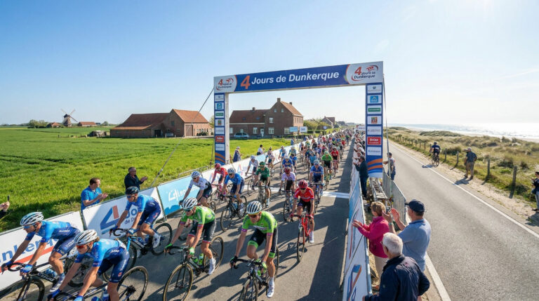 Un grand groupe de cyclistes professionnels passe sous une arche d'arrivée lors de la course des 4 Jours de Dunkerque.