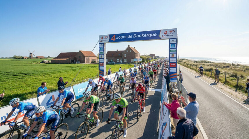 Un grand groupe de cyclistes professionnels passe sous une arche d'arrivée lors de la course des 4 Jours de Dunkerque.