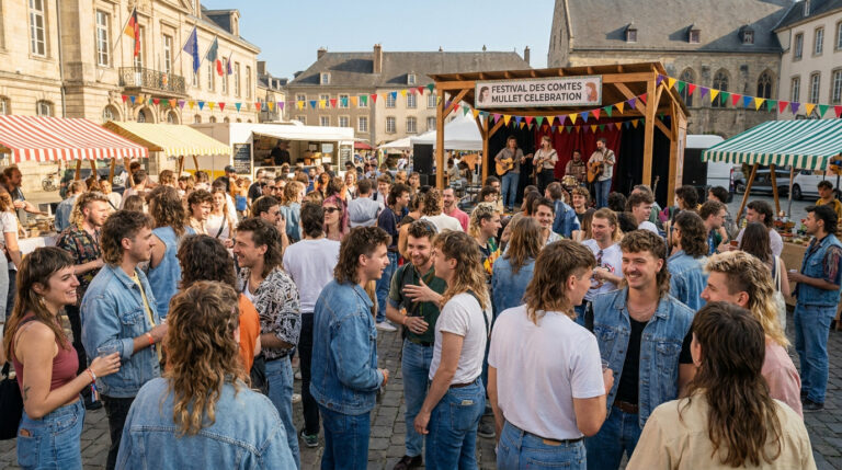 Une foule de personnes arborant des coupes mulet lors d'un festival en extérieur avec un groupe de musique sur scène.