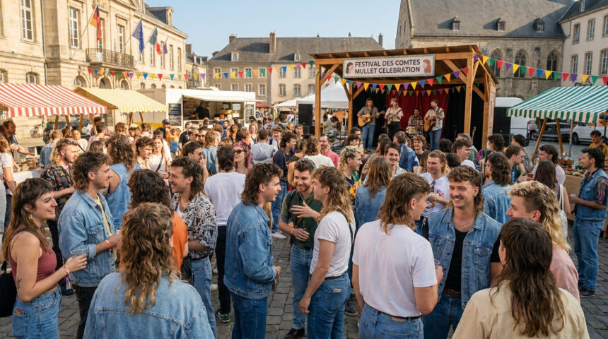 Une foule de personnes arborant des coupes mulet lors d'un festival en extérieur avec un groupe de musique sur scène.