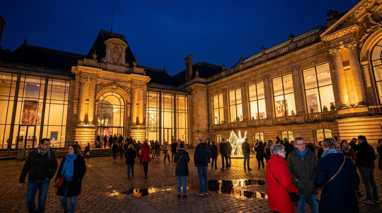 Palais des Beaux-Arts de Lille illuminé la nuit avec des visiteurs déambulant sur le parvis pavé lors de la nocturne.