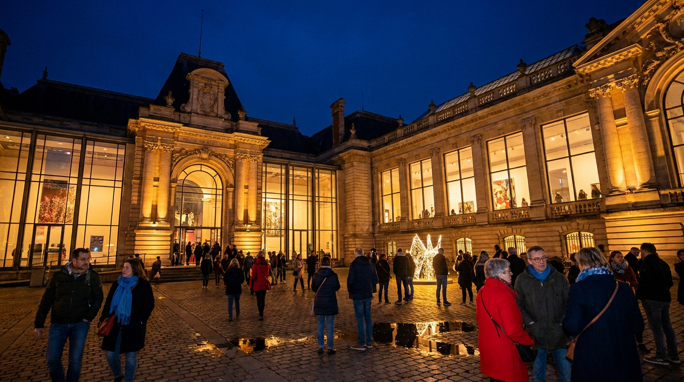 Palais des Beaux-Arts de Lille illuminé la nuit avec des visiteurs déambulant sur le parvis pavé lors de la nocturne.