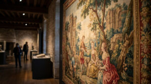 Tapisserie du 18e siècle en gros plan, avec scène pastorale, personnages en costumes, arbres et ruines. Au fond, musée avec visiteurs.