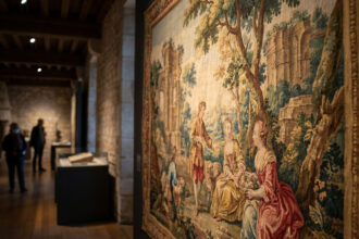 Tapisserie du 18e siècle en gros plan, avec scène pastorale, personnages en costumes, arbres et ruines. Au fond, musée avec visiteurs.