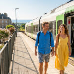 Un couple souriant descend d'un train régional vert et blanc sur un quai ensoleillé dans un village typique.