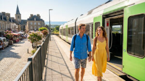 Un couple souriant descend d'un train régional vert et blanc sur un quai ensoleillé dans un village typique.