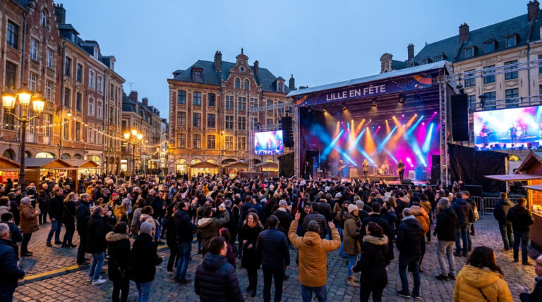 Une foule dense danse devant une grande scène de concert illuminée sur la Grand-Place de Lille à la tombée de la nuit.