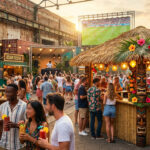 Bar tiki à la Friche Gourmande avec des clients qui boivent des cocktails devant un grand écran diffusant un match.