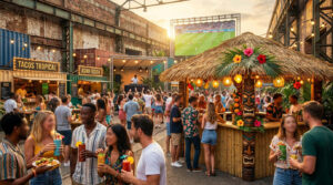 Bar tiki à la Friche Gourmande avec des clients qui boivent des cocktails devant un grand écran diffusant un match.