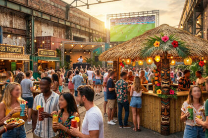 Bar tiki à la Friche Gourmande avec des clients qui boivent des cocktails devant un grand écran diffusant un match.