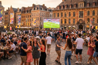 Une foule animée profite d'une soirée festive sur la Grand Place de Lille avec des gens qui dansent et un écran géant.