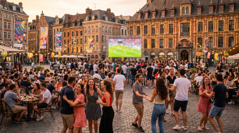 Une foule animée profite d'une soirée festive sur la Grand Place de Lille avec des gens qui dansent et un écran géant.